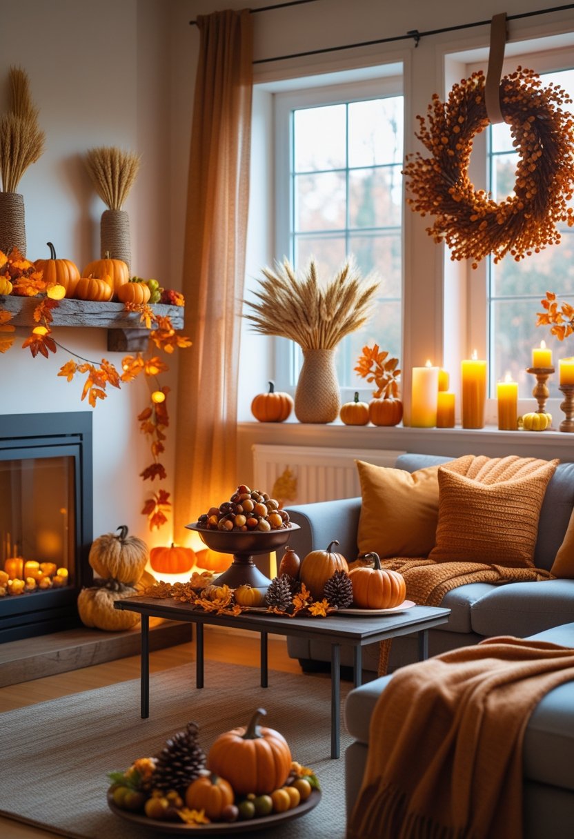 A cozy living room decorated with various Thanksgiving decorations including pumpkins, autumn leaves, candles, a cornucopia centerpiece, and a wreath on the door.