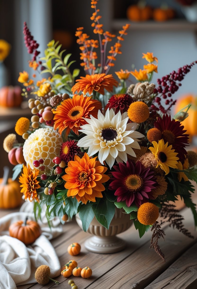 A fresh bouquet of autumn flowers with warm orange, red, and yellow blooms arranged in a vase on a wooden table.