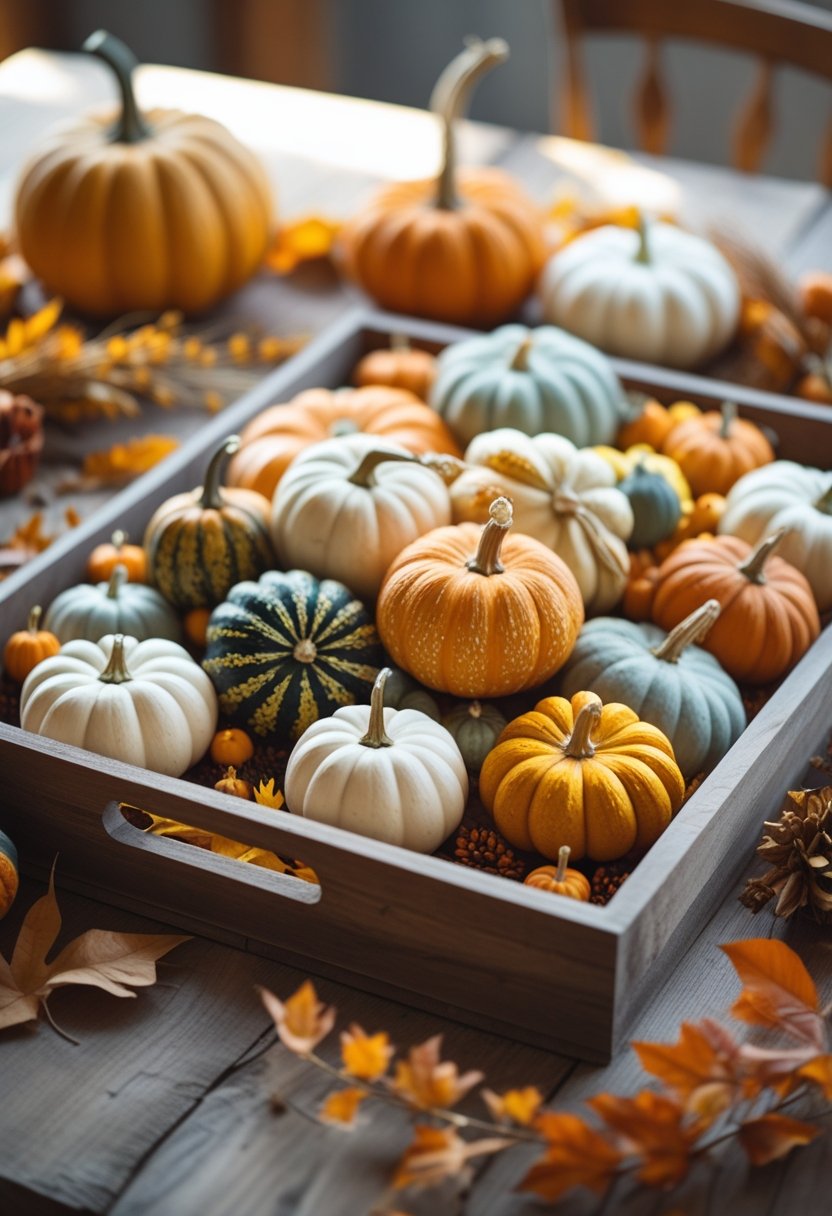 Wooden tray filled with assorted pumpkins and gourds arranged as a Thanksgiving centerpiece on a wooden surface.