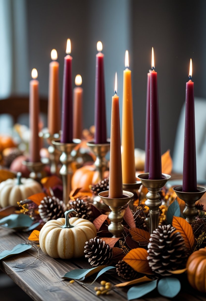 A Thanksgiving centerpiece with tapered candles in deep autumn colors surrounded by seasonal decorations on a wooden table.