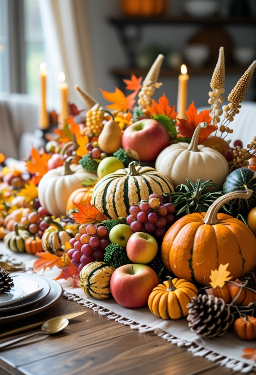 A colorful Thanksgiving centerpiece with assorted fruits and vegetables arranged on a wooden table.
