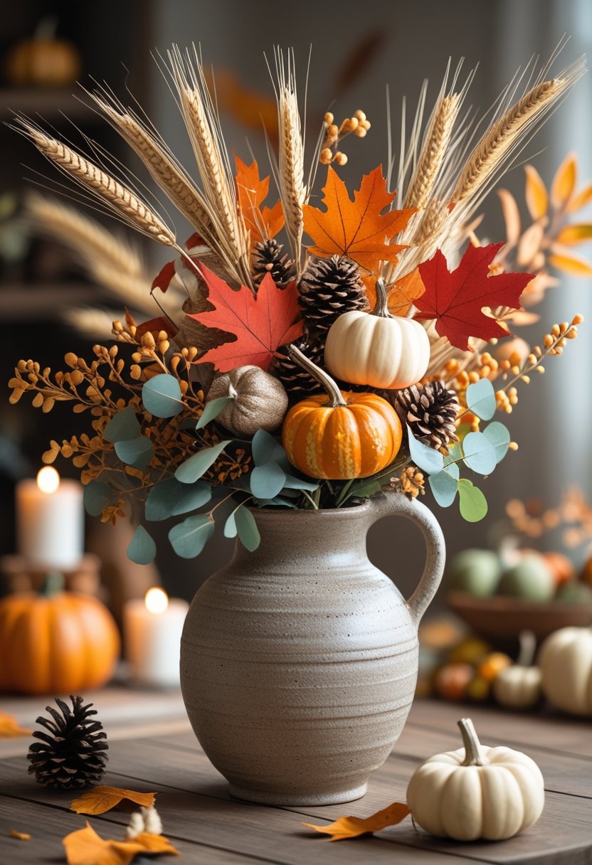 A rustic vase filled with autumn plants and small pumpkins on a wooden table as a Thanksgiving centerpiece.