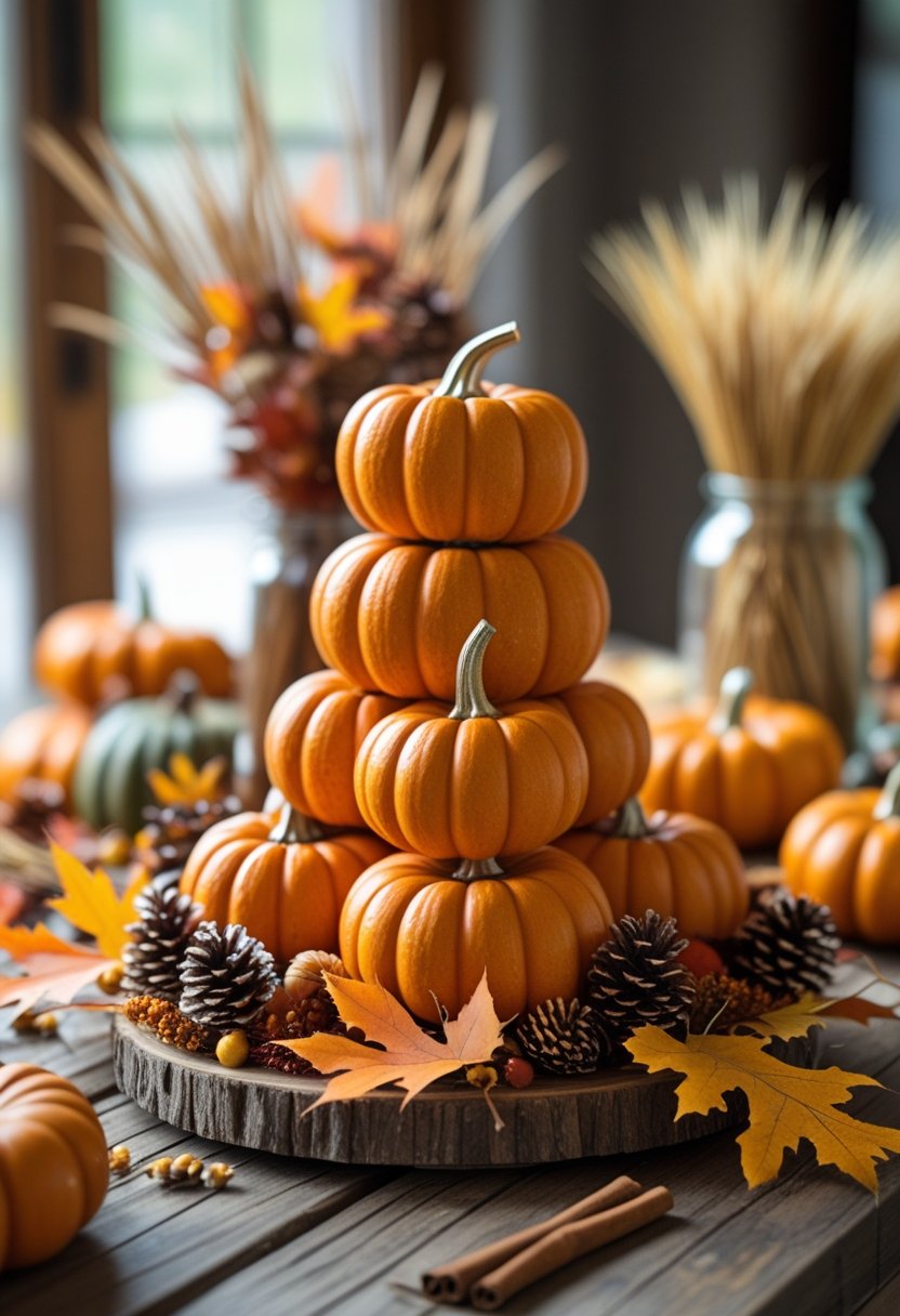A stack of small orange pumpkins arranged as a Thanksgiving centerpiece on a wooden table with fall leaves and pinecones around it.