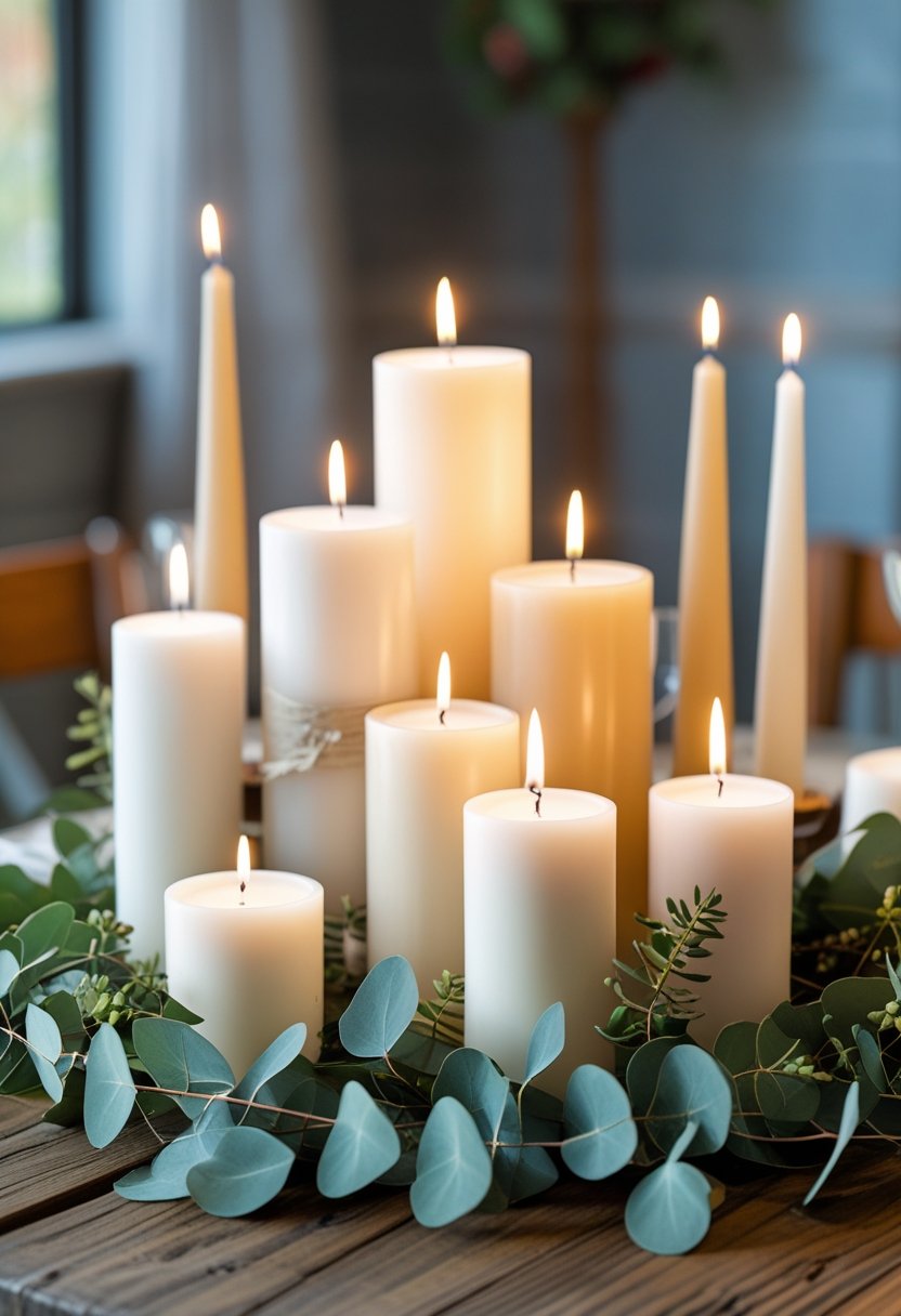 A cluster of white candles surrounded by eucalyptus sprigs on a wooden table as a Thanksgiving centerpiece.