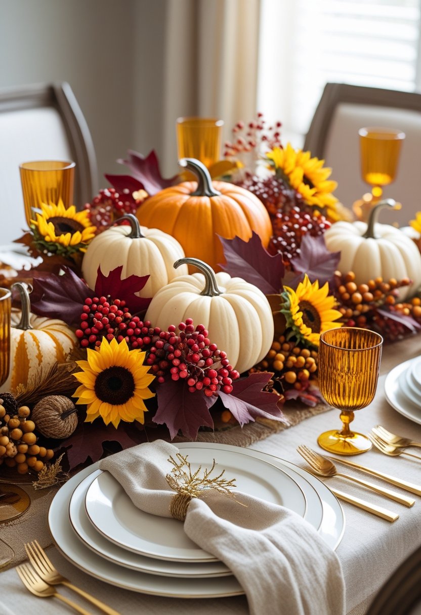 A Thanksgiving table centerpiece with pumpkins, autumn leaves, red berries, sunflowers, and wooden accents on a set table.