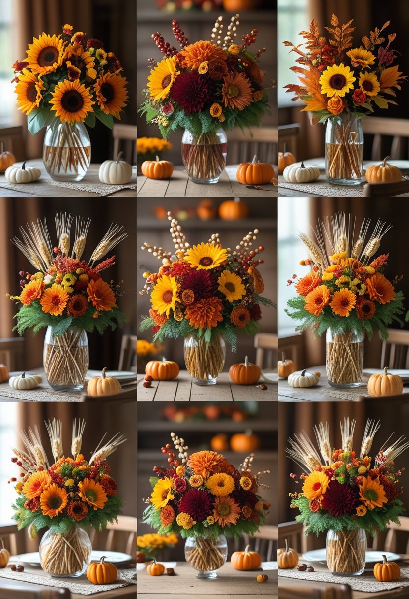 Seven different Thanksgiving flower centerpieces arranged on a wooden table with autumn decorations like pumpkins and fall leaves.