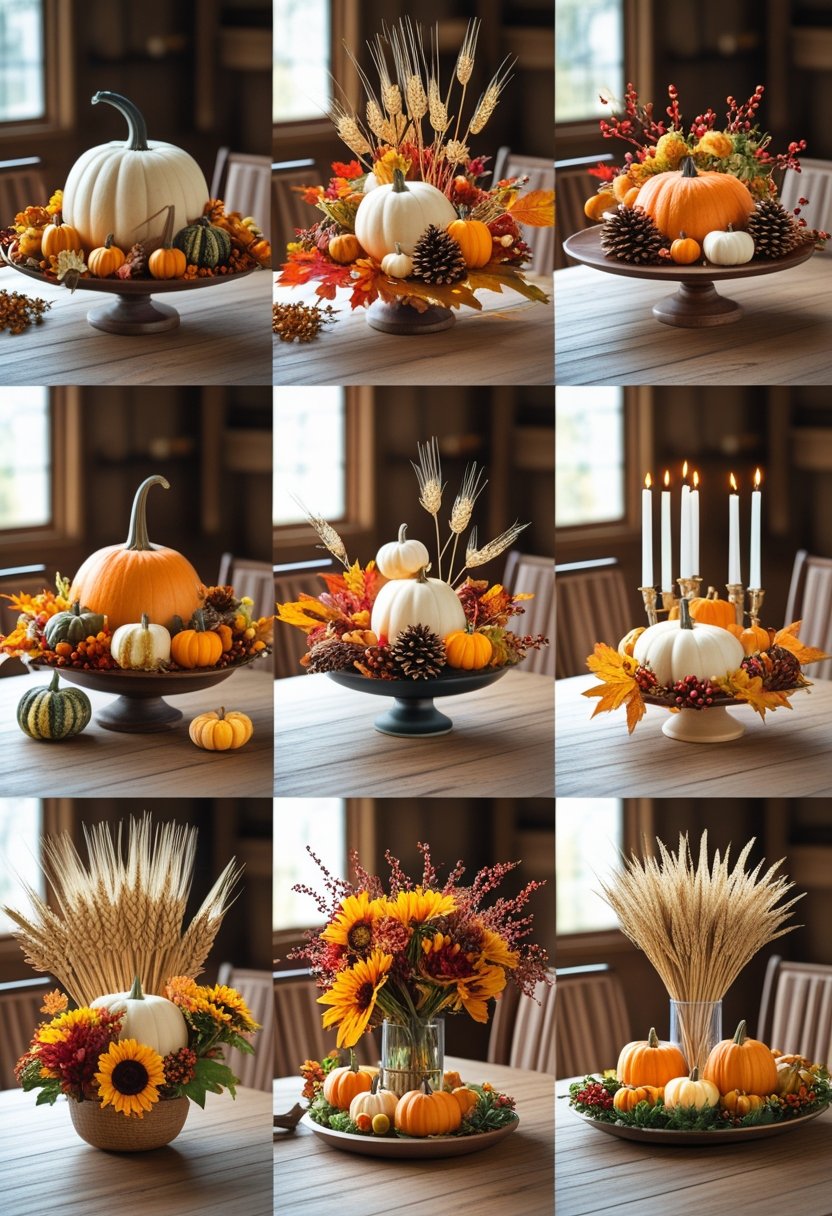 A dining table displaying eight different Thanksgiving centerpieces made from pumpkins, leaves, candles, flowers, and other autumn decorations.