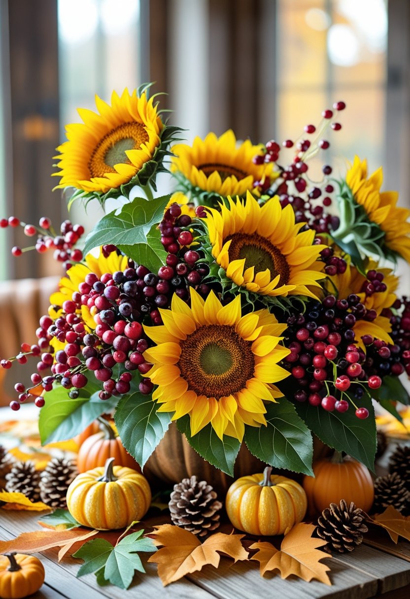A Thanksgiving centerpiece with bright sunflowers, red and purple berries, autumn leaves, small pumpkins, and pinecones on a wooden table.