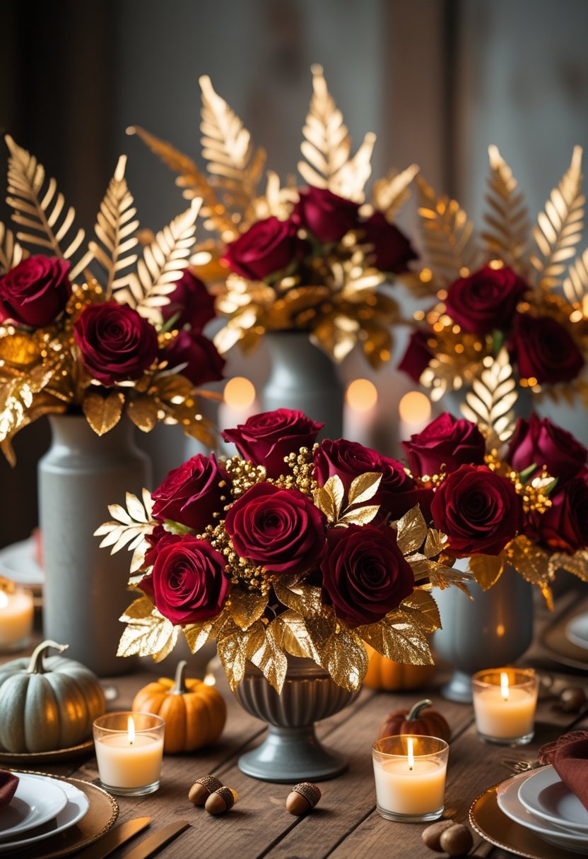 Seven Thanksgiving floral centerpieces with red roses and golden leaves arranged on a wooden table with autumn decorations.