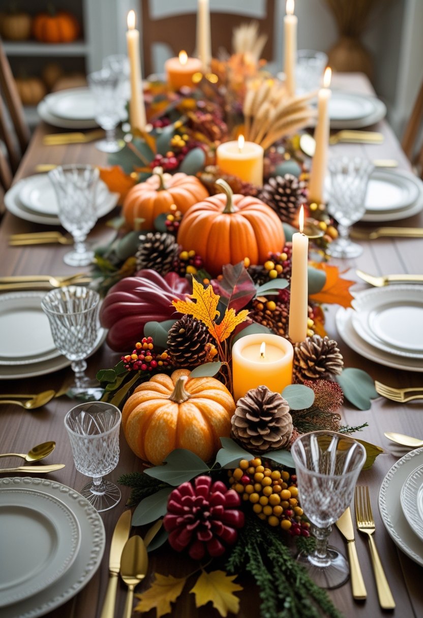 A Thanksgiving dining table with a centerpiece of pumpkins, autumn leaves, candles, and berries surrounded by table settings.