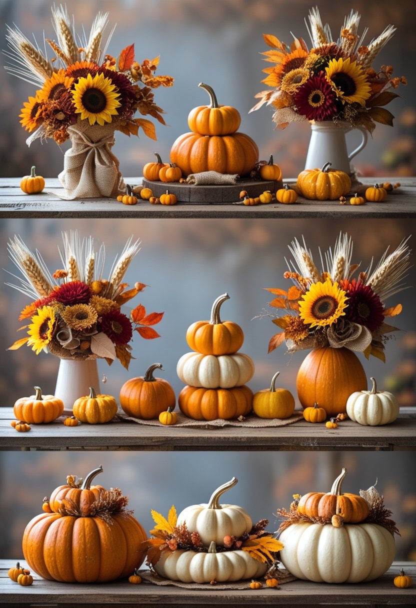 Seven Thanksgiving centerpieces made of pumpkins, gourds, and autumn flowers arranged on a wooden table.