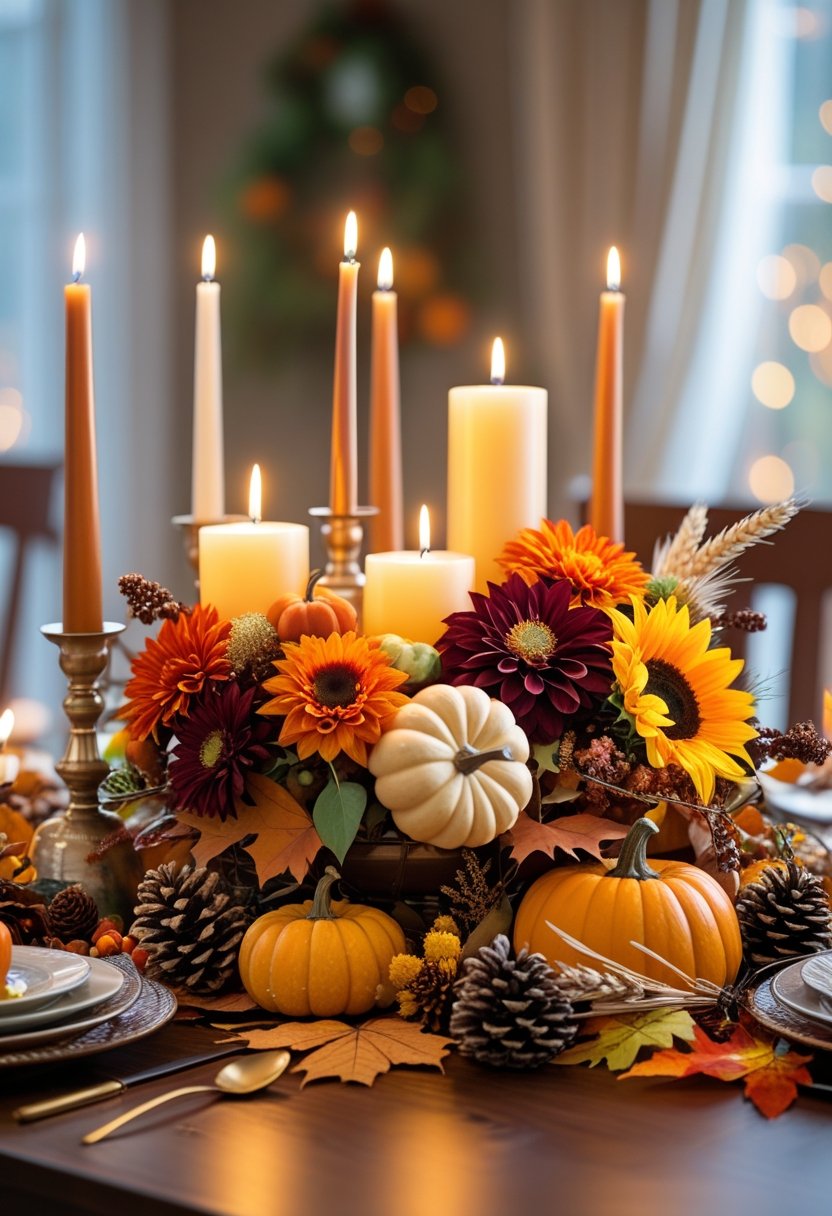 A Thanksgiving centerpiece with lit candles, autumn flowers, small pumpkins, pinecones, and fall leaves arranged on a wooden table.