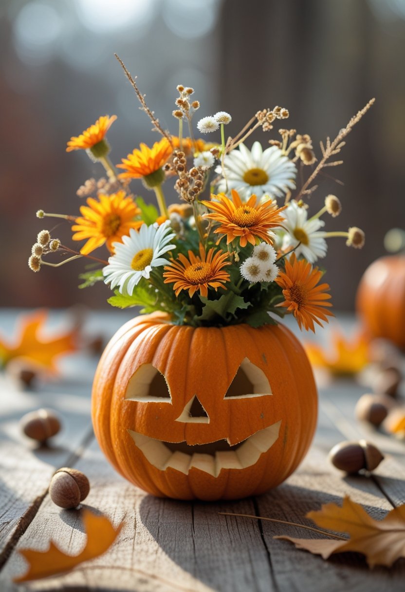 A small orange pumpkin used as a vase holding wildflowers on a wooden table with autumn leaves and acorns around it.