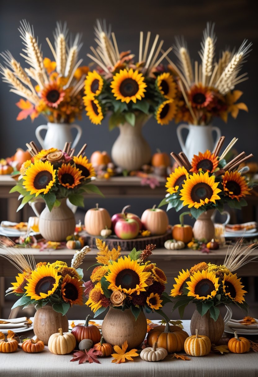 A table with seven Thanksgiving centerpieces featuring sunflowers, apples, and autumn decorations.