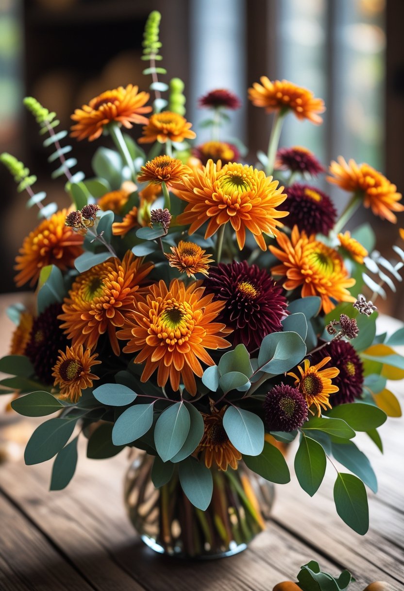 A bouquet of chrysanthemums in autumn colors with eucalyptus leaves arranged as a Thanksgiving centerpiece on a wooden table.