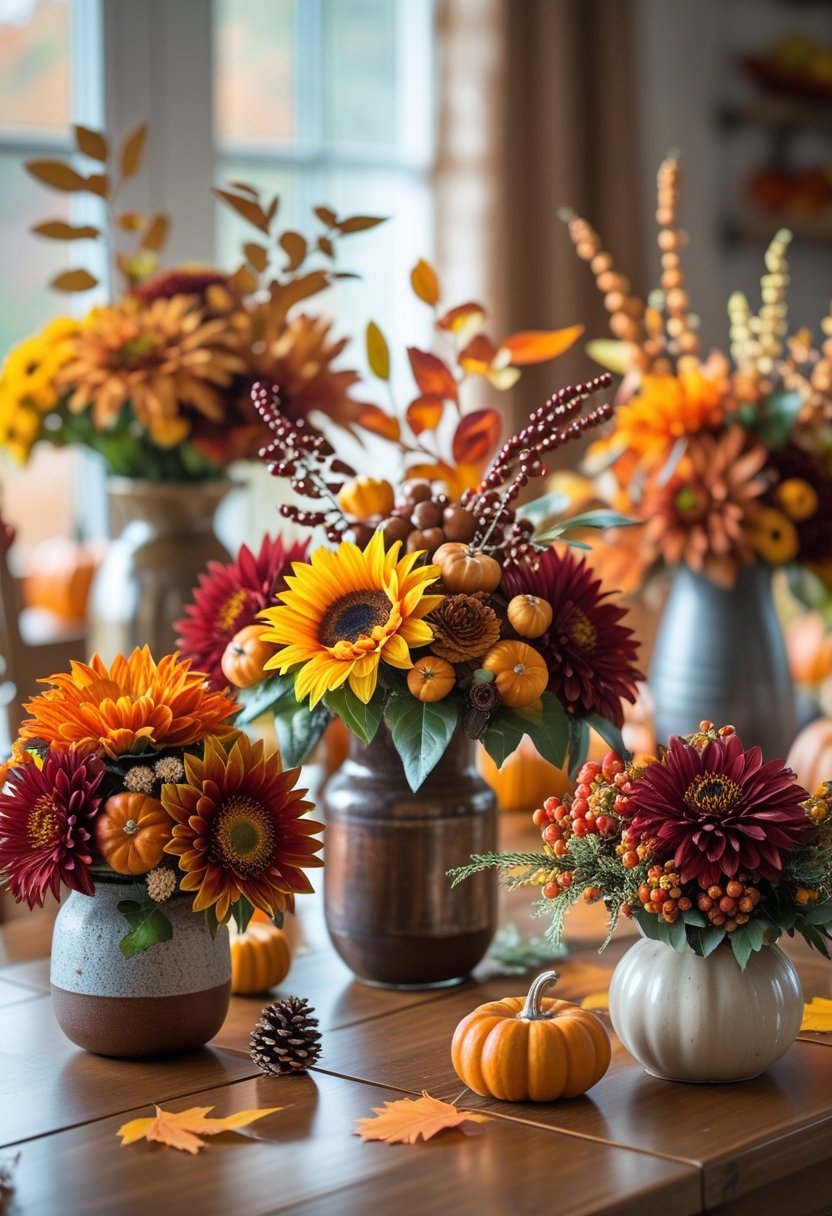 Seven Thanksgiving flower centerpieces with autumn flowers and decorations arranged on a wooden table.