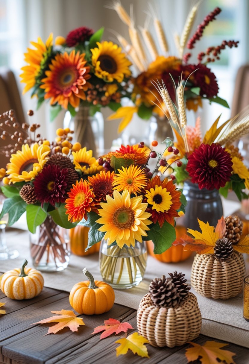 Seven fresh Thanksgiving floral centerpieces with autumn flowers, pumpkins, pinecones, and fall leaves arranged on a wooden table.