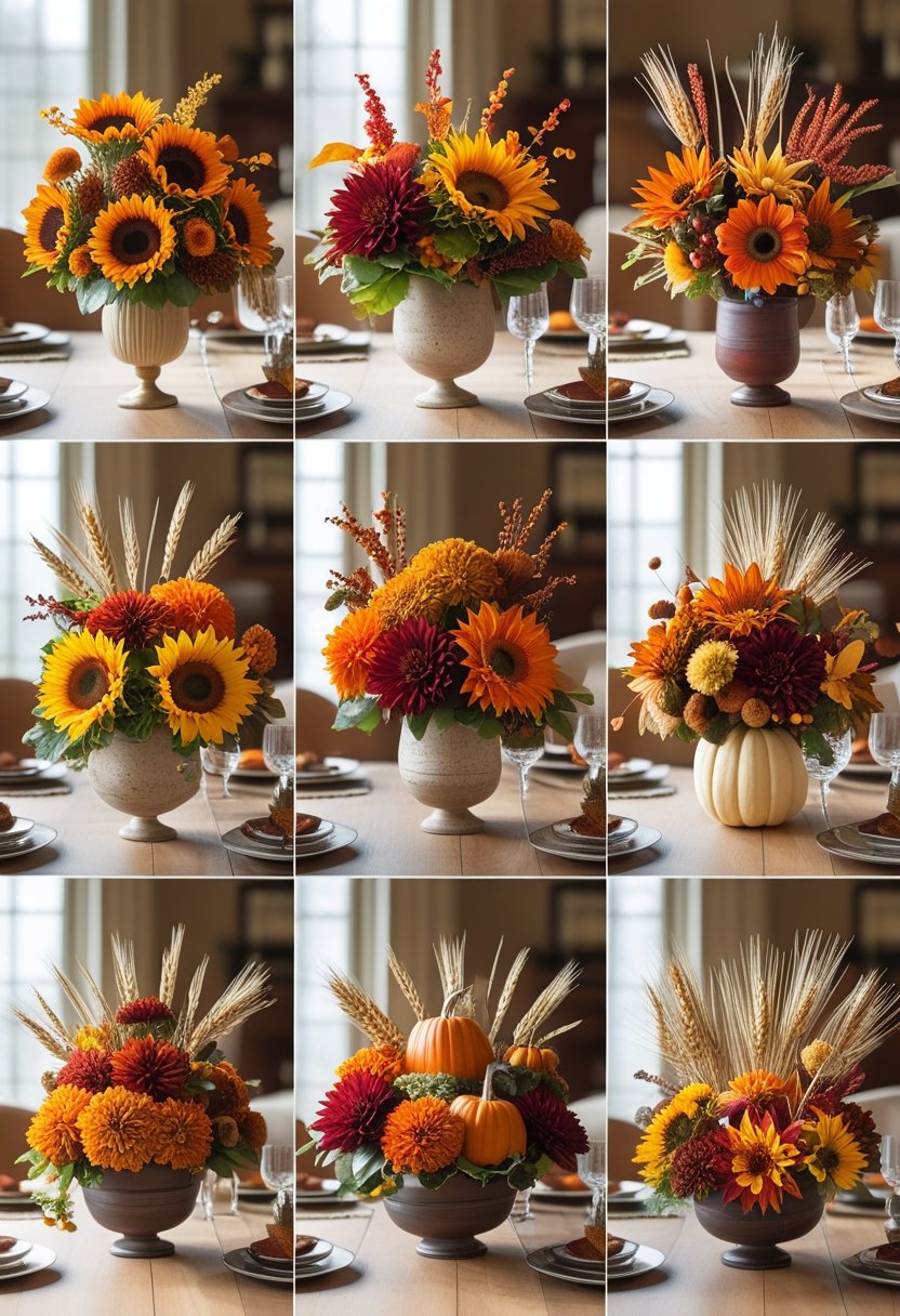 A dining table with seven different Thanksgiving floral centerpieces featuring autumn flowers, pumpkins, pinecones, and fall leaves.