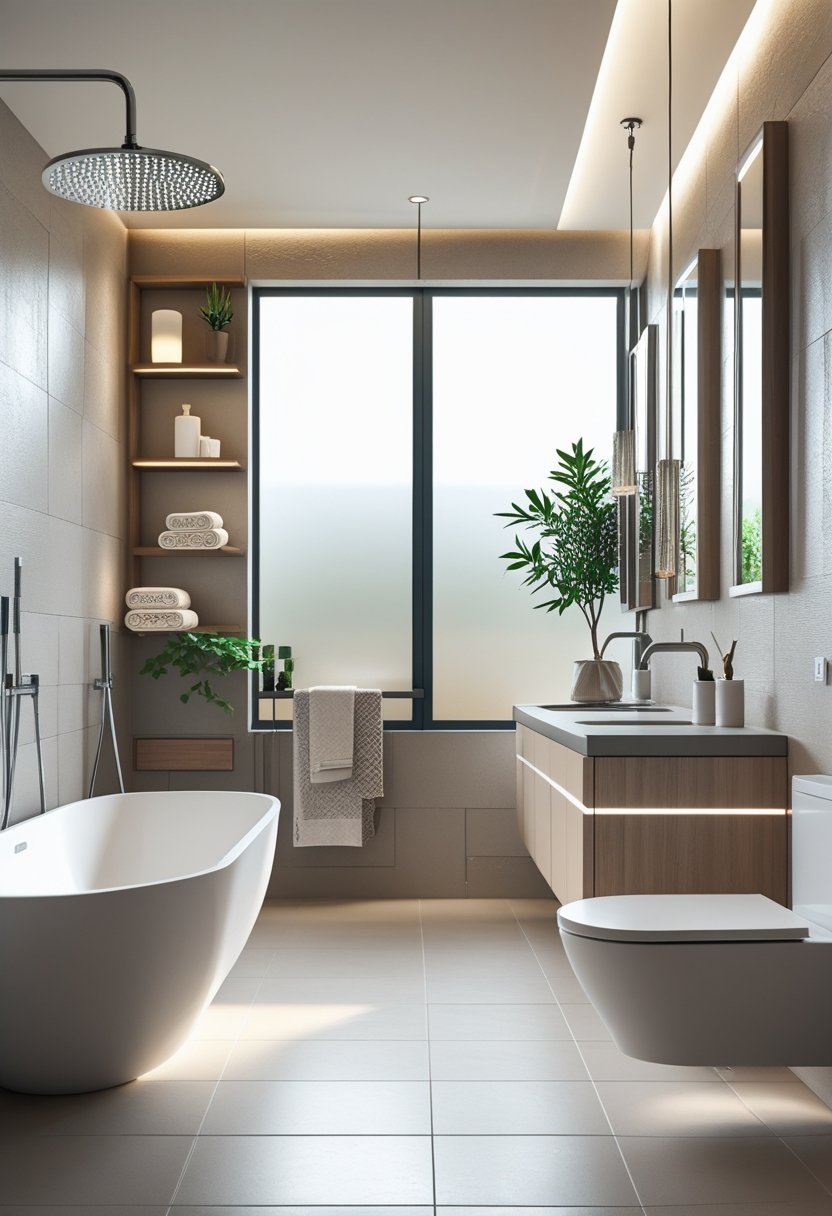 A modern bathroom showing a bathtub, walk-in shower, double sink vanity, toilet, shelves with plants and towels, heated towel rack, pendant lights, and a window letting in natural light.