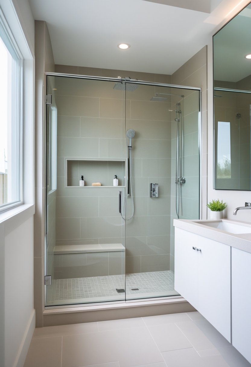A modern bathroom with a walk-in shower featuring frameless glass doors, a white vanity, and natural light.