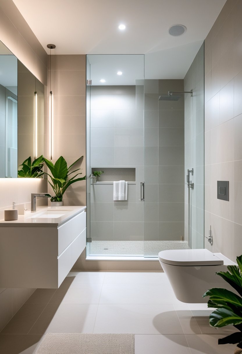 A modern bathroom with large porcelain tile walls, a floating vanity, a walk-in shower with glass doors, and decorative plants.