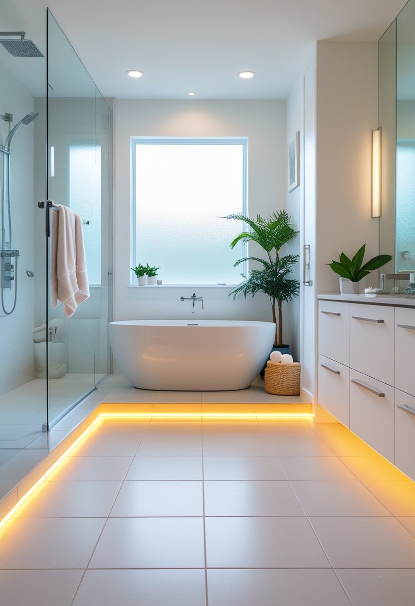 A modern bathroom with a freestanding bathtub, walk-in shower, and warm-looking tiled floor under soft natural light.