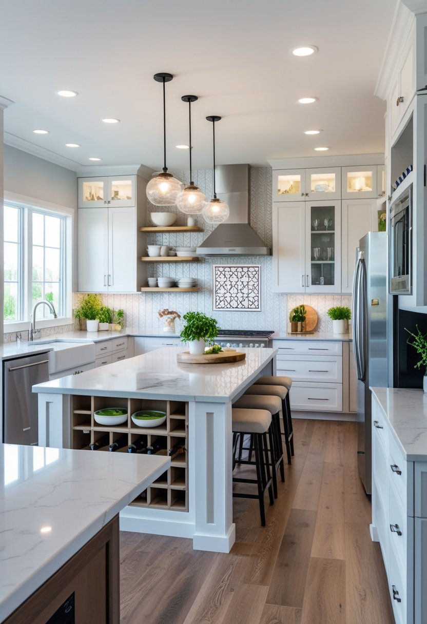 A modern kitchen interior showing various renovation features like a marble island, open shelves, pendant lights, tiled backsplash, hardwood floors, and stainless steel appliances.