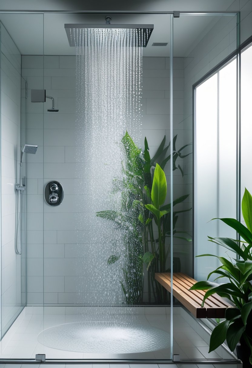 A modern bathroom with a glass shower enclosure and a rainfall showerhead releasing water, surrounded by white tiles and green plants.