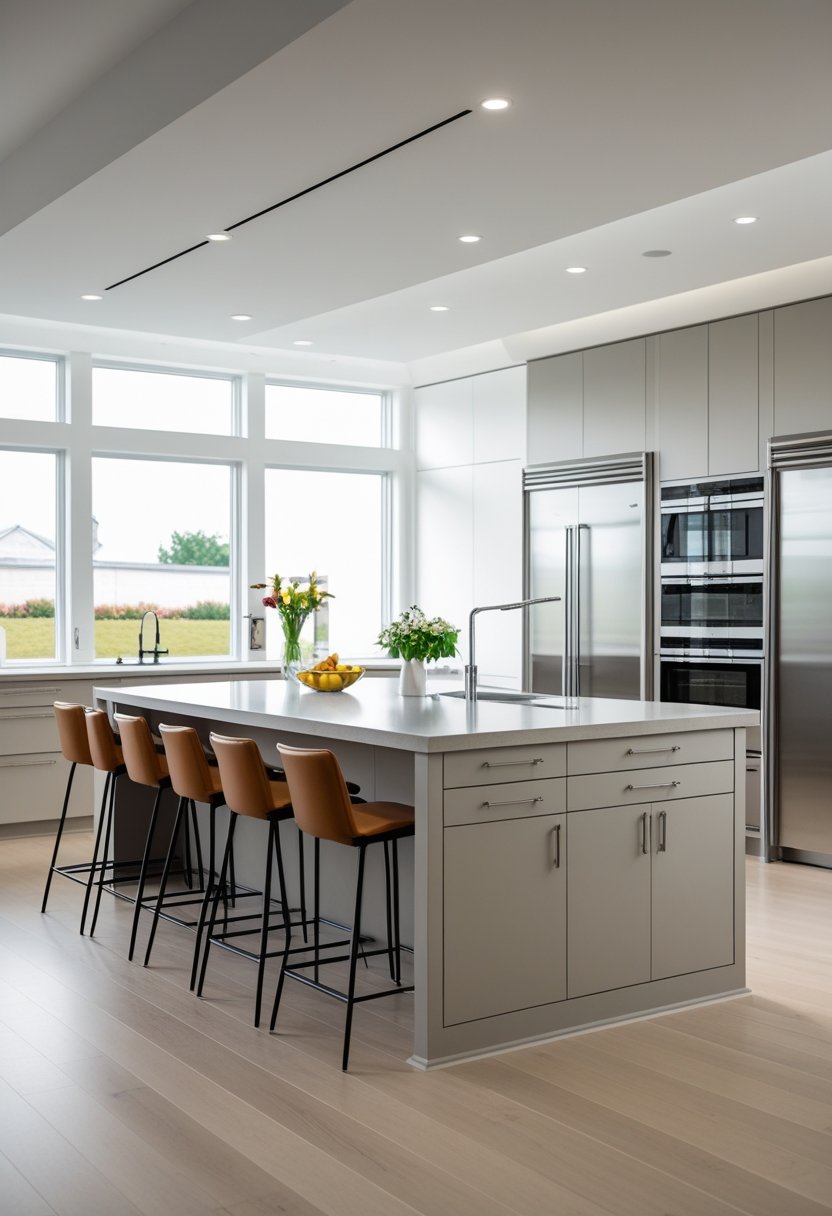 A large kitchen island with built-in storage and seating for eight in a bright, modern kitchen.