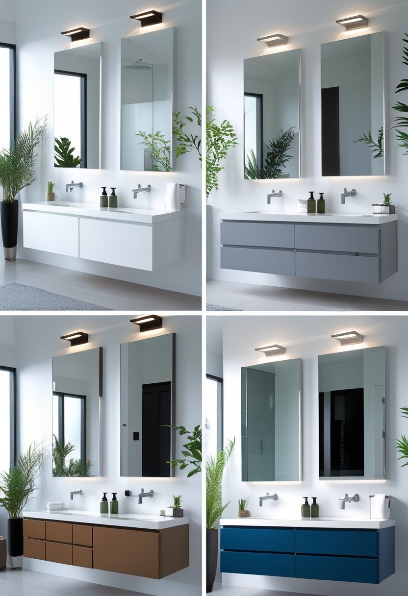 A bright bathroom displaying ten different floating vanity units mounted on the walls with mirrors and storage drawers.