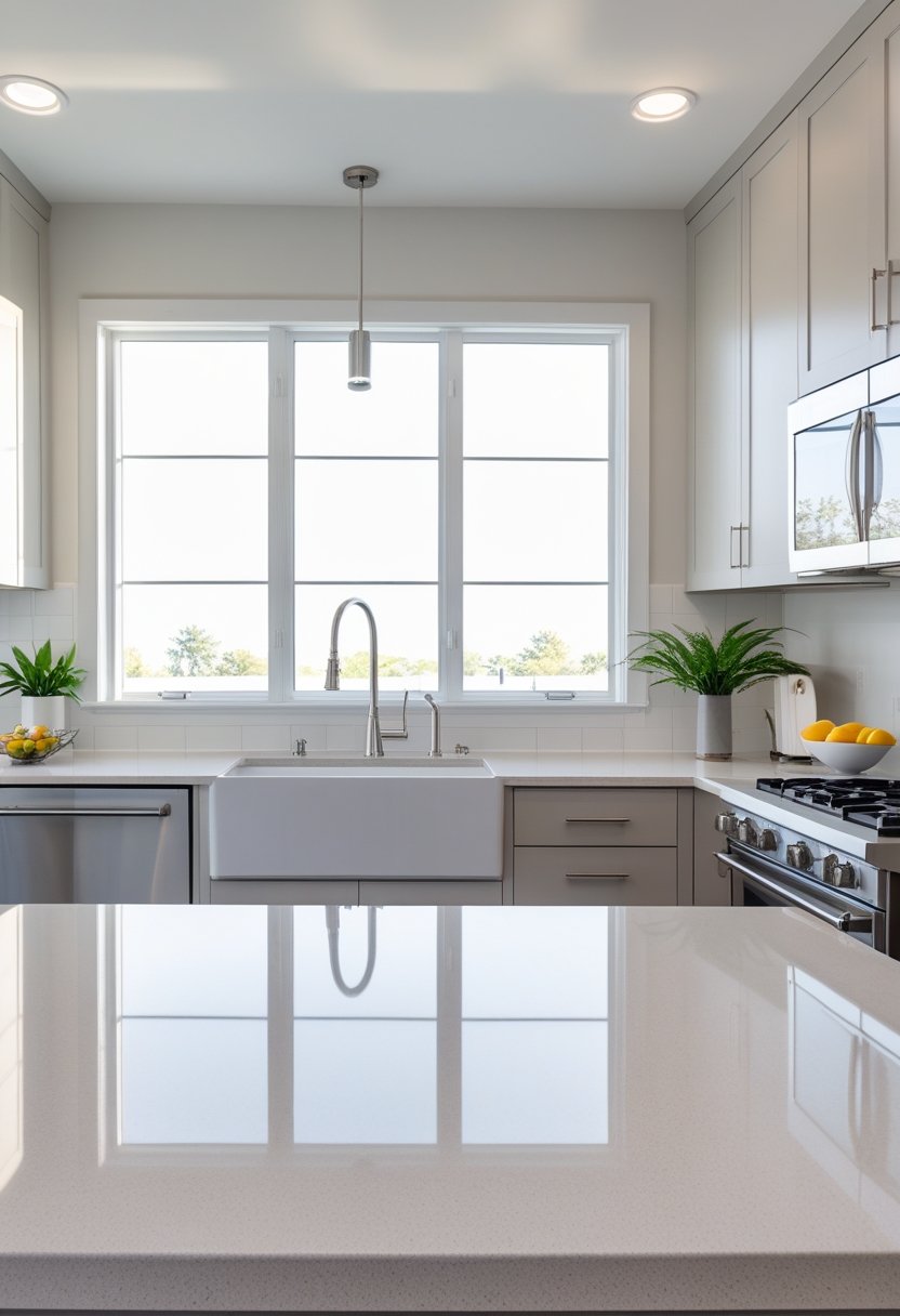 A modern kitchen with a polished quartz countertop, stainless steel appliances, and natural light coming through large windows.