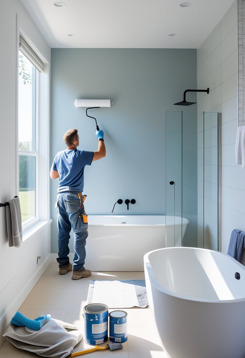 Person painting bathroom walls with moisture-resistant matte paint during a renovation.