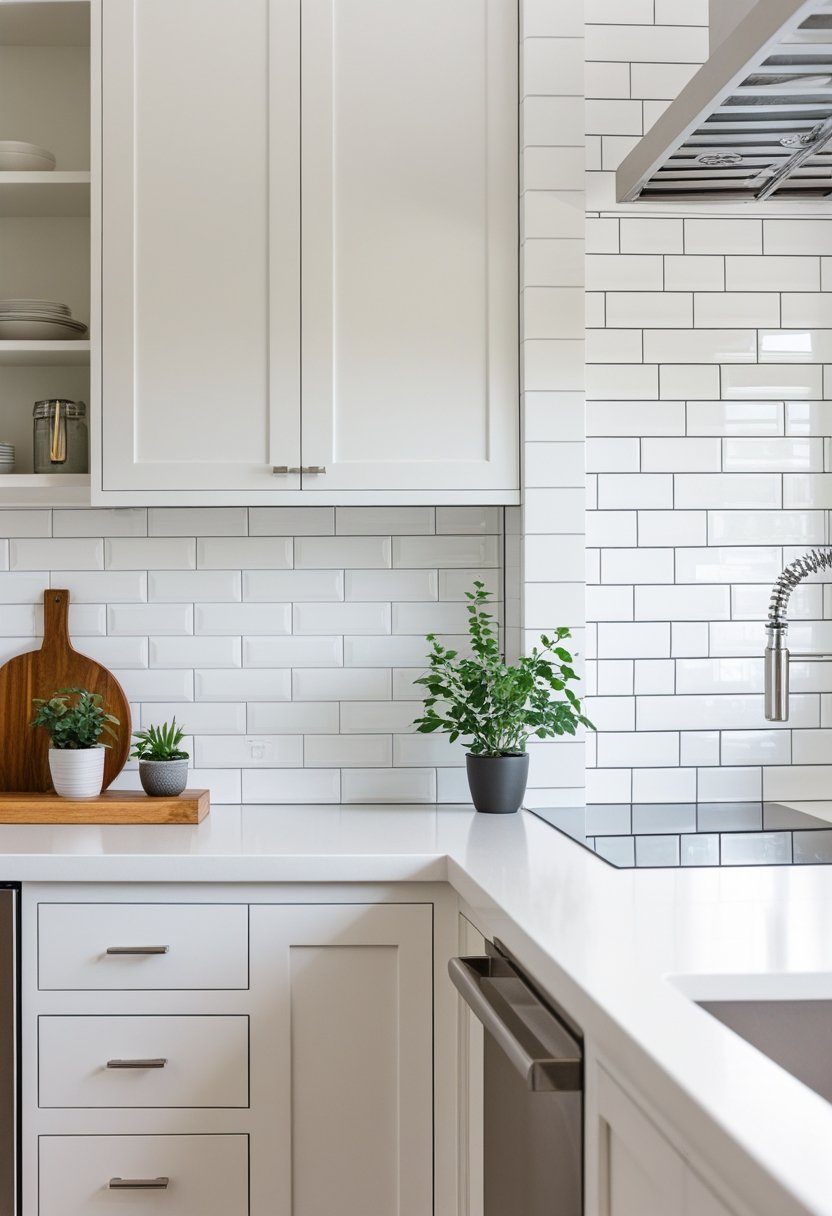 A modern kitchen with a white subway tile backsplash arranged in a herringbone pattern, featuring clean countertops and contemporary cabinetry.