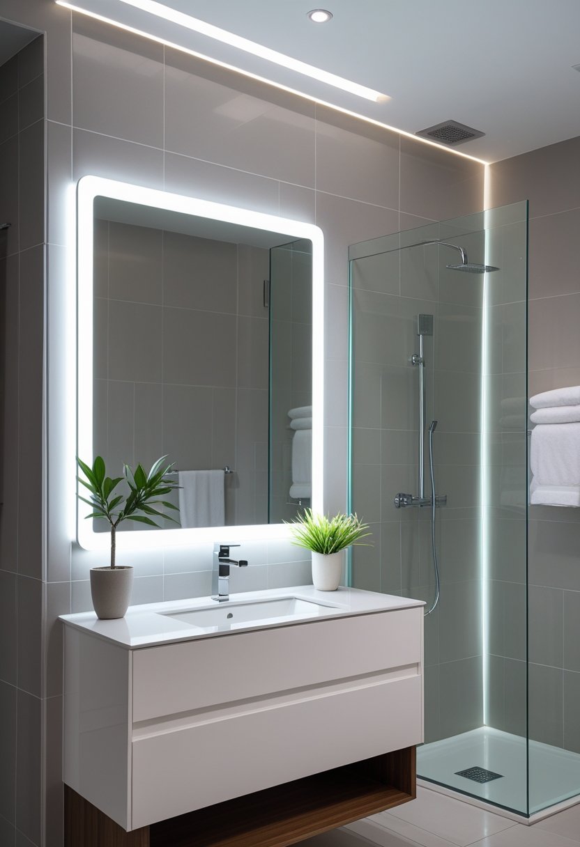 Modern bathroom with a backlit LED mirror above a white vanity, glass shower, and neatly arranged towels.