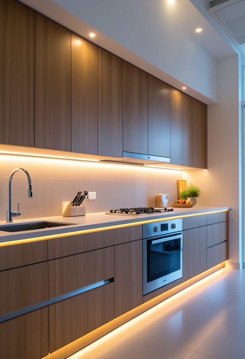 A modern kitchen with under-cabinet LED lights illuminating the countertop workspace beneath wooden cabinets.