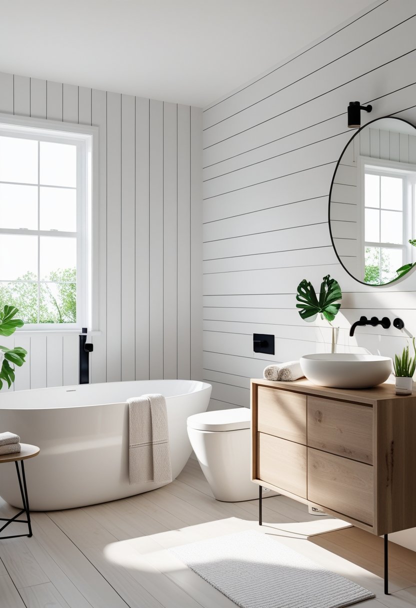 A bright bathroom with shiplap paneled walls, a freestanding bathtub, wooden vanity, and plants.