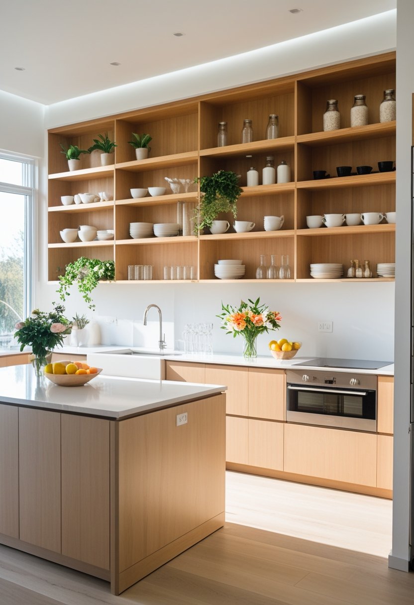 Bright kitchen with open wooden shelves displaying dishes and plants, a central island, and natural light coming through large windows.