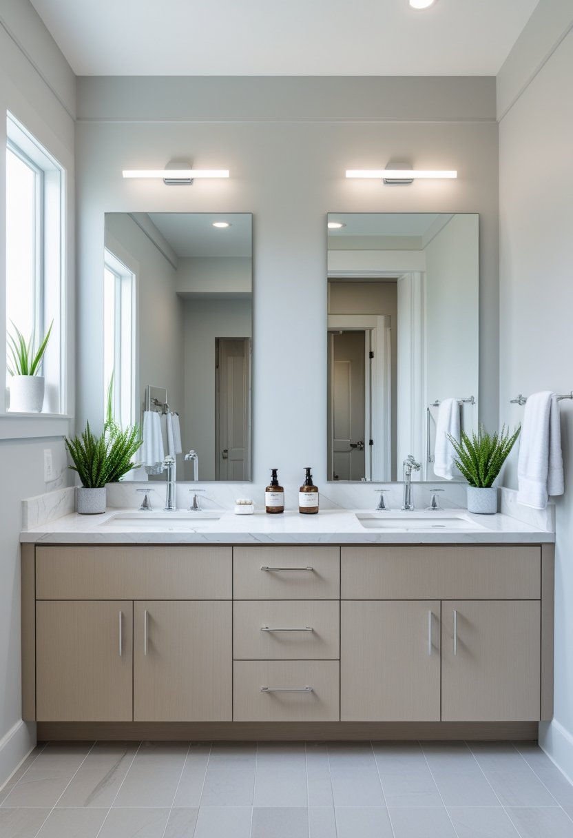 A shared bathroom with a double vanity featuring two sinks, mirrors, and storage cabinets.