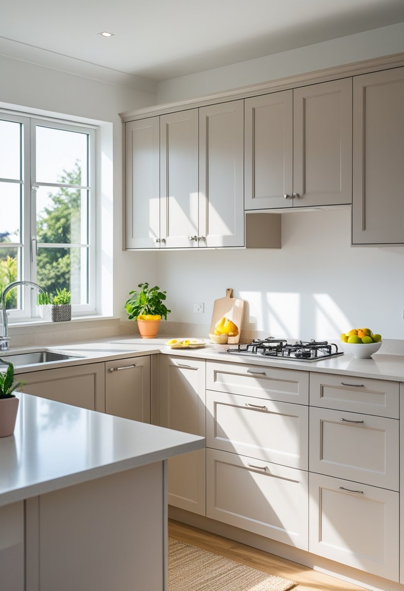 A modern kitchen with freshly painted cabinets and natural light coming through large windows.