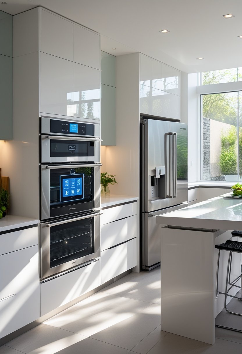 A modern kitchen with a smart oven and refrigerator, bright and clean with white countertops and an island.