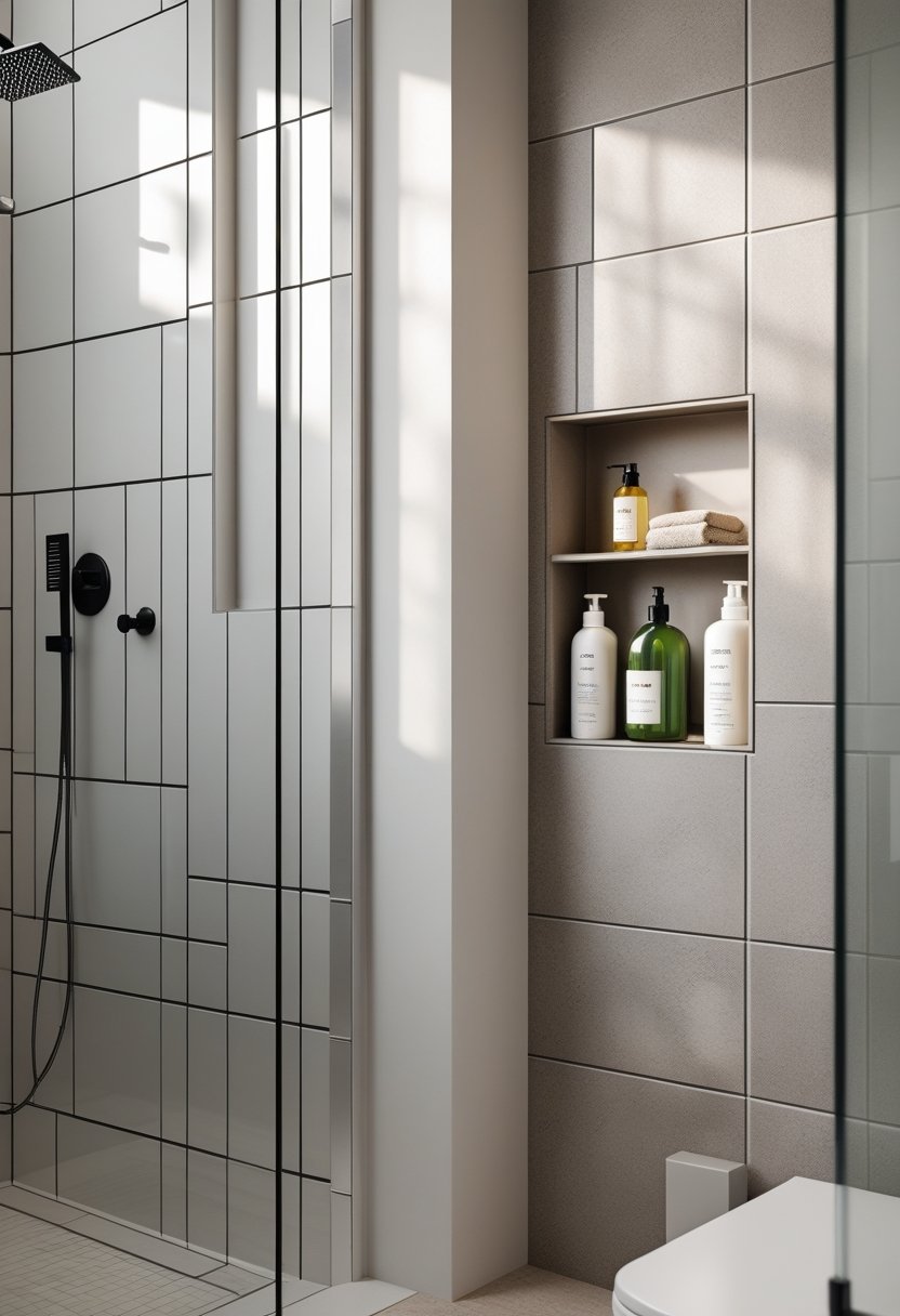 A modern bathroom shower area with a built-in recessed niche holding shampoo and soap bottles.