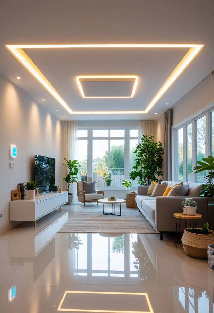 A modern living room with energy-efficient LED ceiling lights illuminating the space, featuring contemporary furniture and large windows.