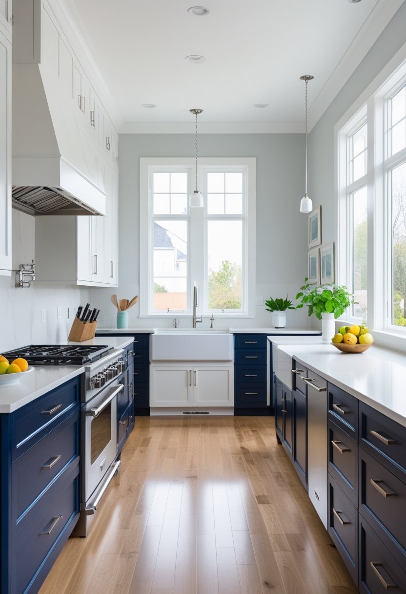 A bright kitchen with navy blue lower cabinets and white upper cabinets, a central island, stainless steel appliances, and natural light coming through large windows.
