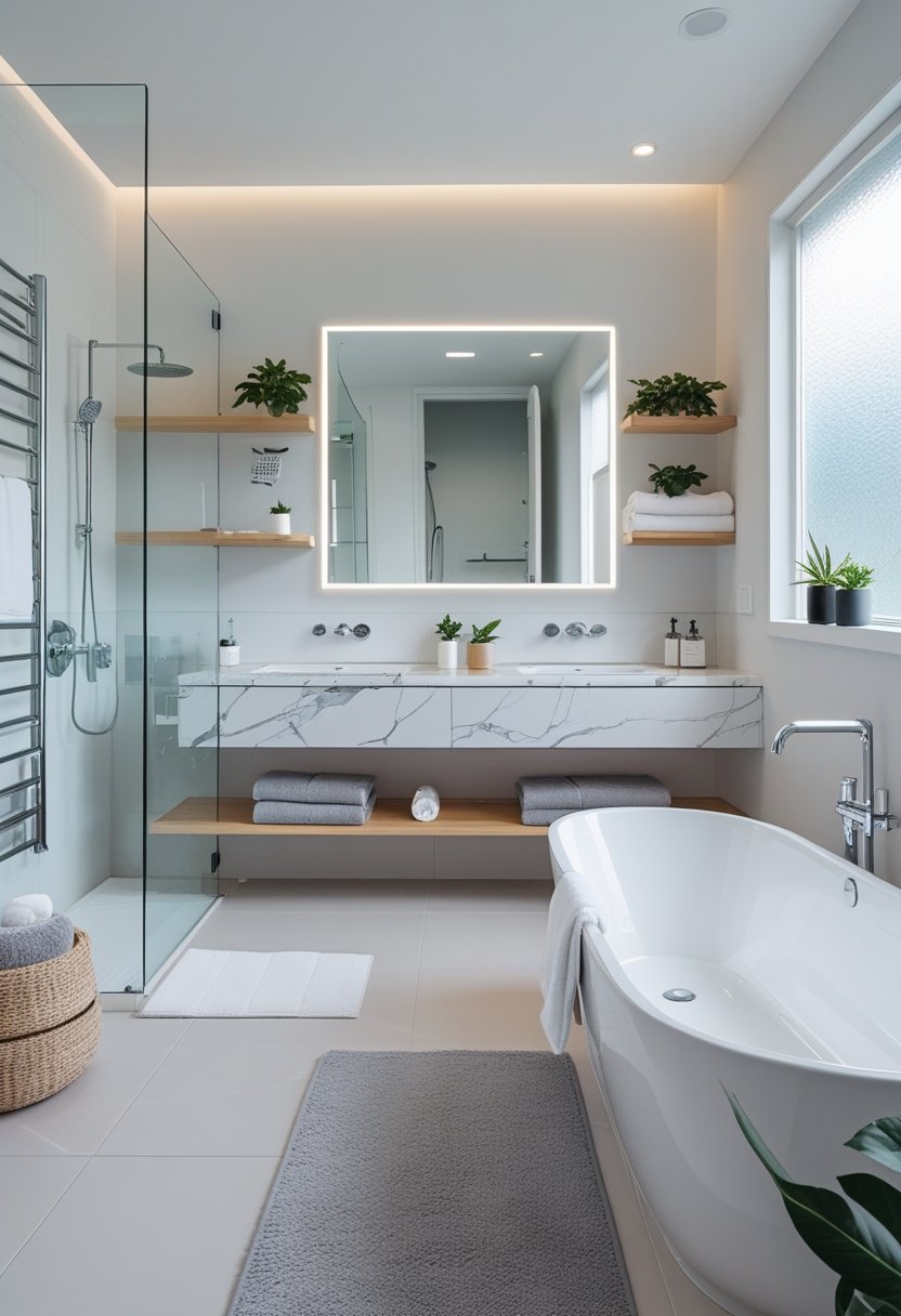 A modern bathroom with a freestanding bathtub, glass shower, double sinks, wooden shelves, and natural light coming through a window.