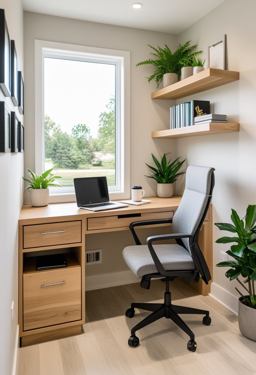 A small home office nook with a wooden desk, ergonomic chair, floating shelves with books and plants, and a large window letting in natural light.