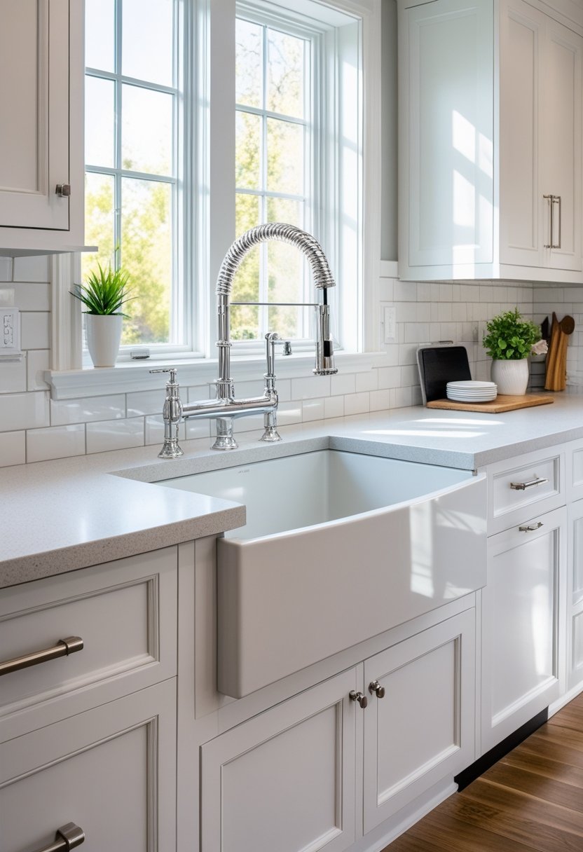 A kitchen with a deep farmhouse sink and a large professional-style faucet installed under a window with natural light.