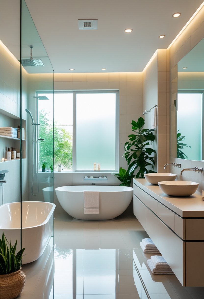 A spacious bathroom with a freestanding bathtub, walk-in glass shower, double vanity with sinks, natural light, plants, and organized storage.