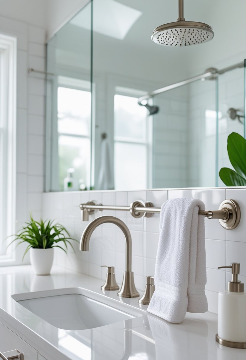A modern bathroom with brushed nickel fixtures including faucet, showerhead, towel bars, and cabinet handles.
