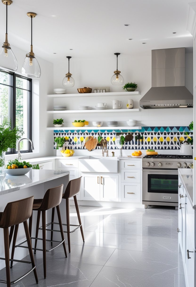 A modern kitchen with white cabinets, a marble island, stainless steel appliances, and large windows letting in natural light.