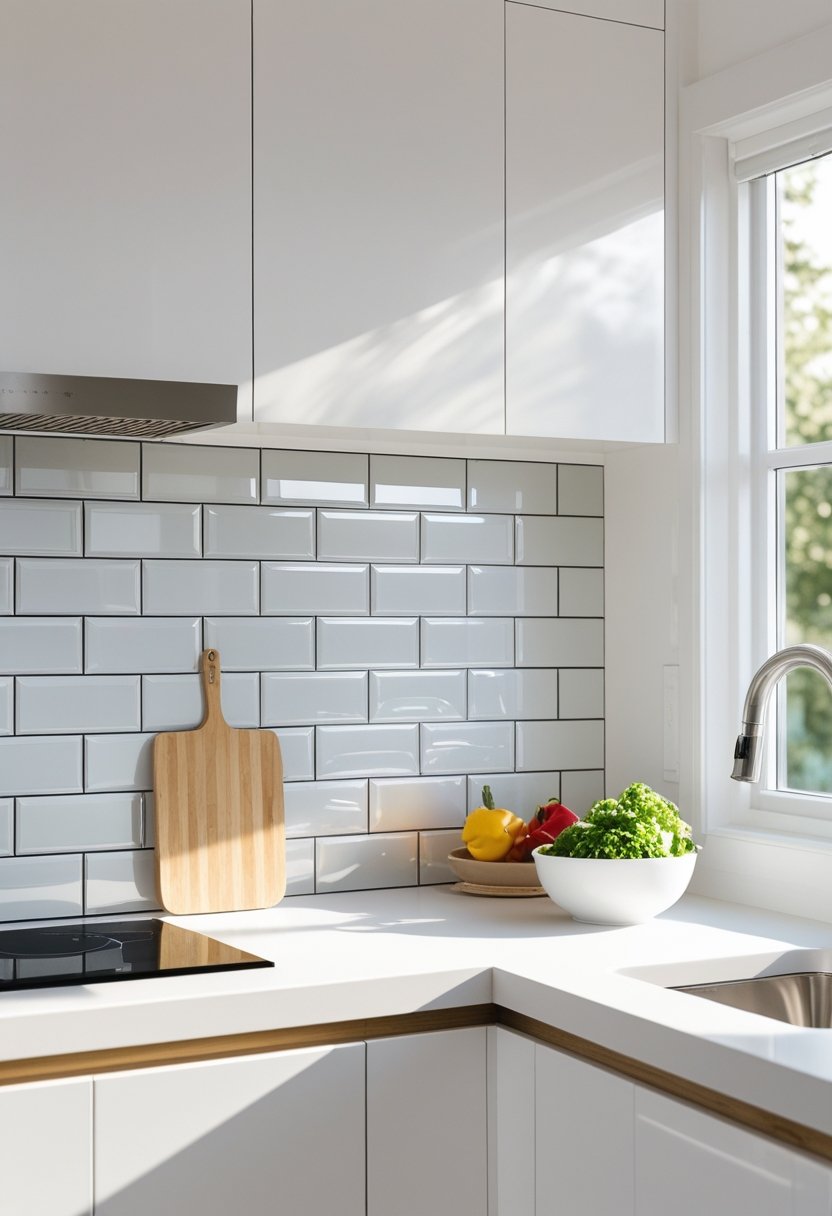 A modern kitchen with a peel-and-stick tile backsplash behind the countertop and sink.